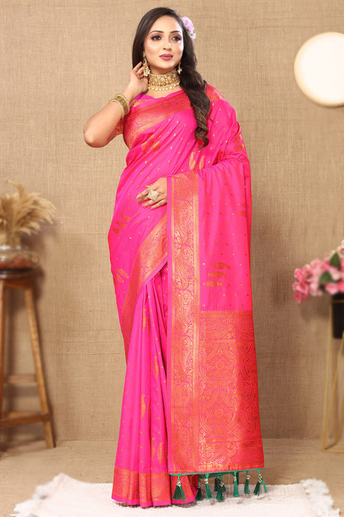 Rose Pink Weaved Zari Soft Silk Broad Border Saree For Sangeet 