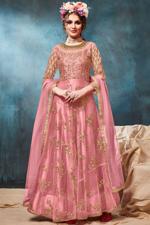 Rose Pink Zari Embroidered Net Anarkali Suit