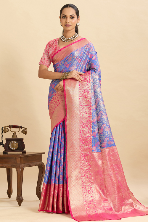 Royal Blue Art Silk Broad Border Saree With Weaved Work For Festival