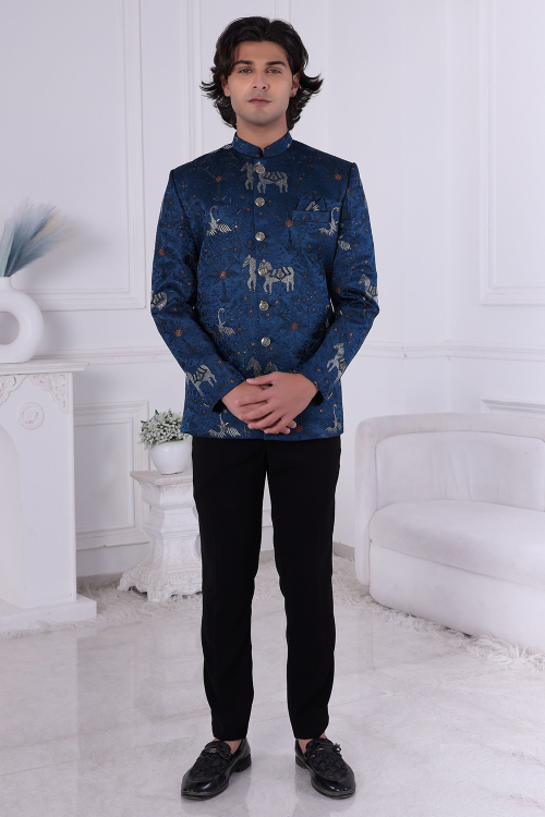 Royal Blue Art Silk Embroidered Jodhpuri Style Men's Sherwani