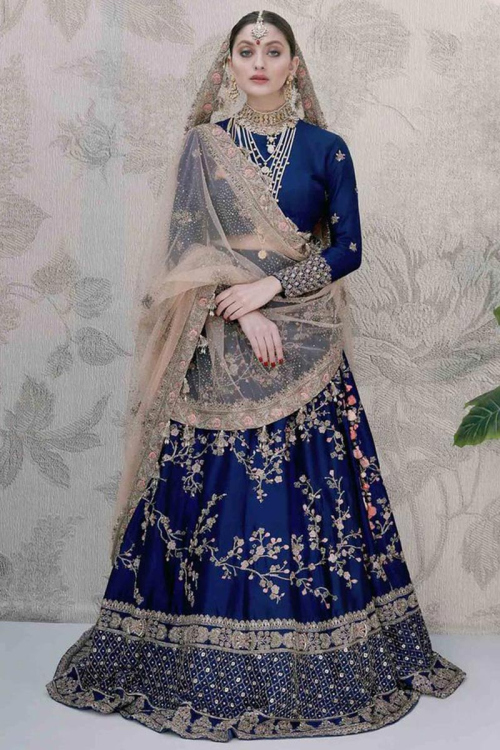 Royal Blue Art Silk Embroidered Wedding Wear Lehenga