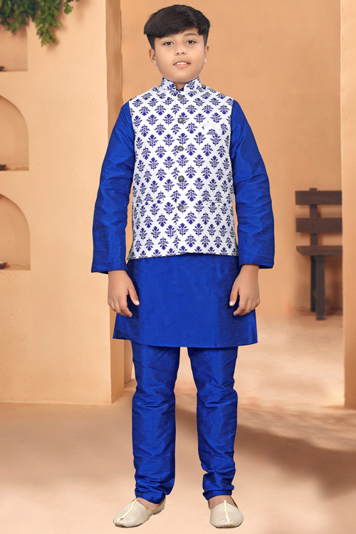 Royal Blue Art Silk Jacket Style Boy's Kurta Pajama