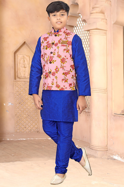 Royal Blue Art Silk Boy's Jacket Style Kurta Pajama