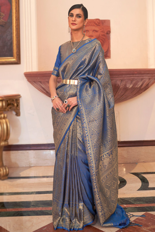 Designer Saree in Banarasi Silk Royal Blue for Wedding 