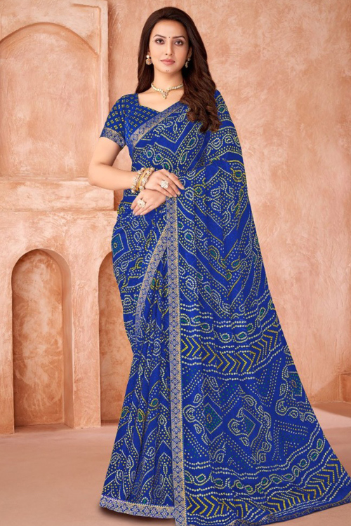 Royal Blue Chiffon Bandhej Print Casual Wear Saree
