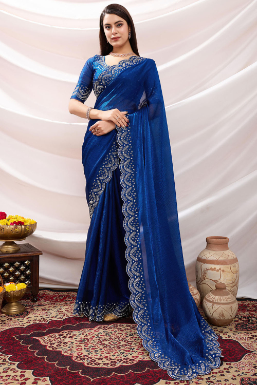 Royal Blue Chiffon Shimmer Saree With Cutdana Work For Festival
