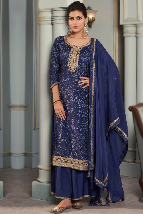 Royal Blue Chinnon Bandhej Print Palazzo Suit 