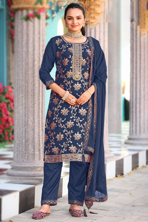 Royal Blue Chinnon Trouser Suit With Weaved Work For Festival