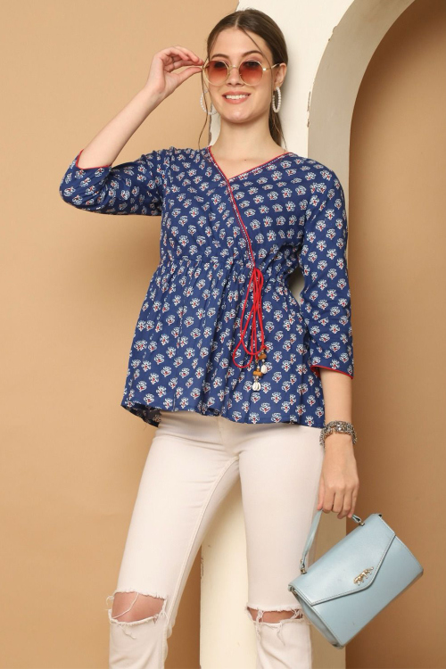 Royal Blue Cotton Frock Style Kurti With Printed Work