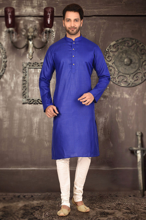 Royal Blue Plain Party Wear Men Kurta Pajama in Cotton