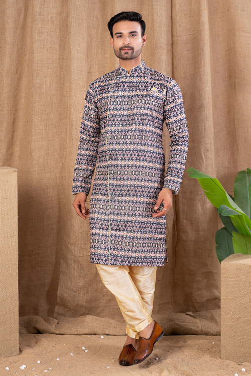 Royal Blue Cotton Men's Kurta Pajama With Printed Work