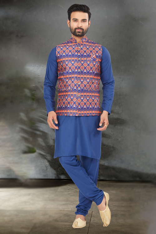 Royal Blue Cotton Plain Jacket Style Men's Kurta Churidar