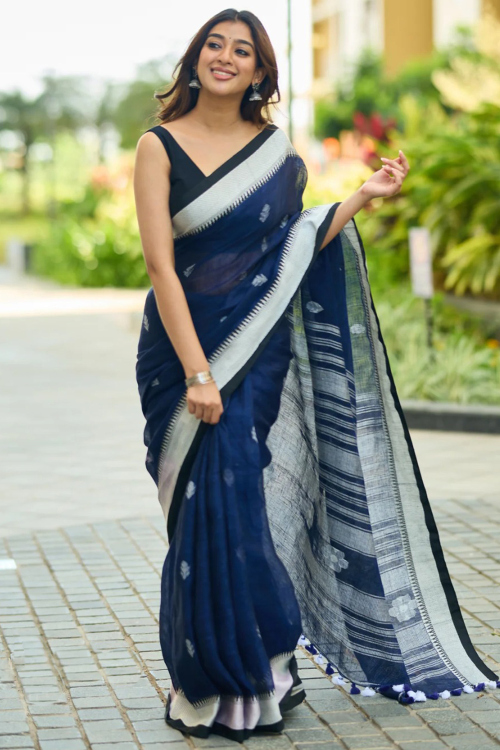 Royal Blue Cotton Saree With Weaved Thread Work