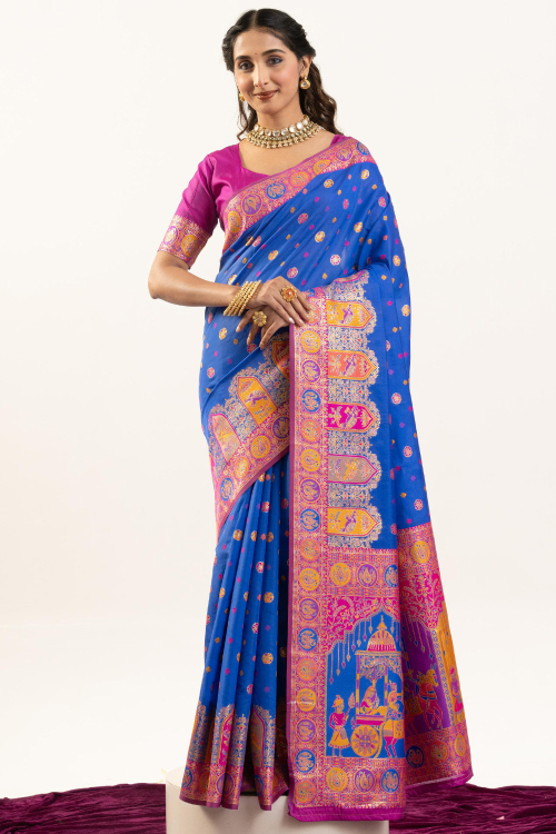 Royal Blue Cotton Silk Saree With Weaved Work For Diwali