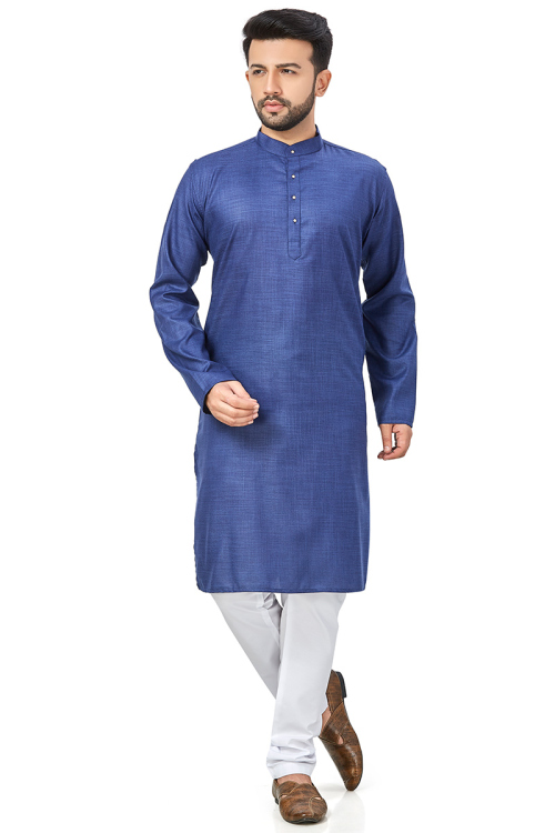 Royal Blue Cotton Straight Cut Plain Men Kurta Pajama