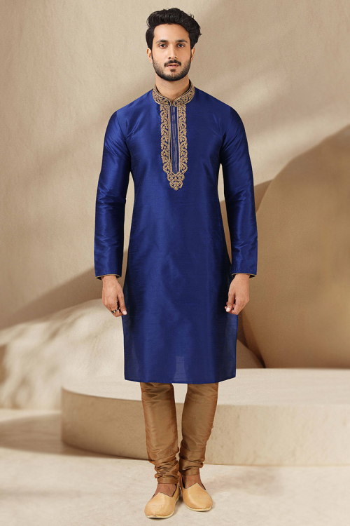 Royal Blue Dupion Silk Embroidered Men's Kurta With Churidar