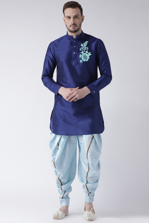 Royal Blue Dupion Silk Embroidered Straight Cut Kurta 