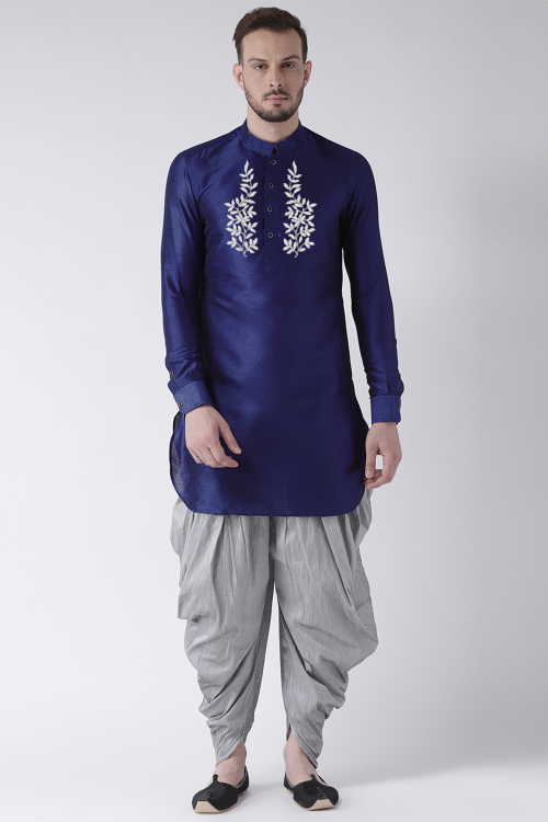 Royal Blue Dupion Silk Embroidered Straight Cut Men's Kurta 