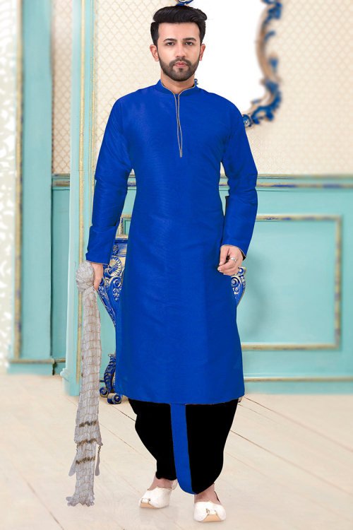 Royal Blue Dupion Silk Men Kurta With Dhoti