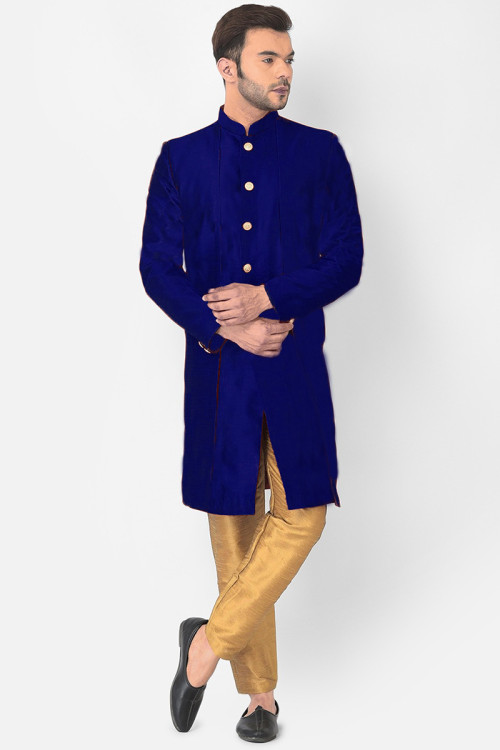 Wedding Wear Royal Blue Dupion Silk Mens Jacket Style Indo Western Sherwani Mstv01454 