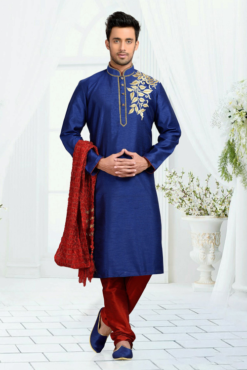 Royal Blue Dupion Silk Men's Kurta Churidar With Dori Work