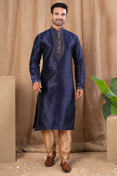 Royal Blue Dupion Silk Men's Kurta Pajama With Zari Work