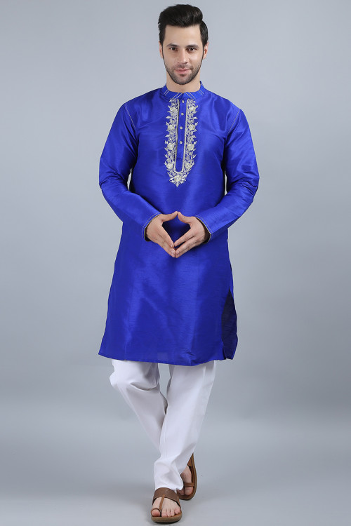 Royal Blue Dupion Silk Zari Embroidered Men's Kurta Pajama 