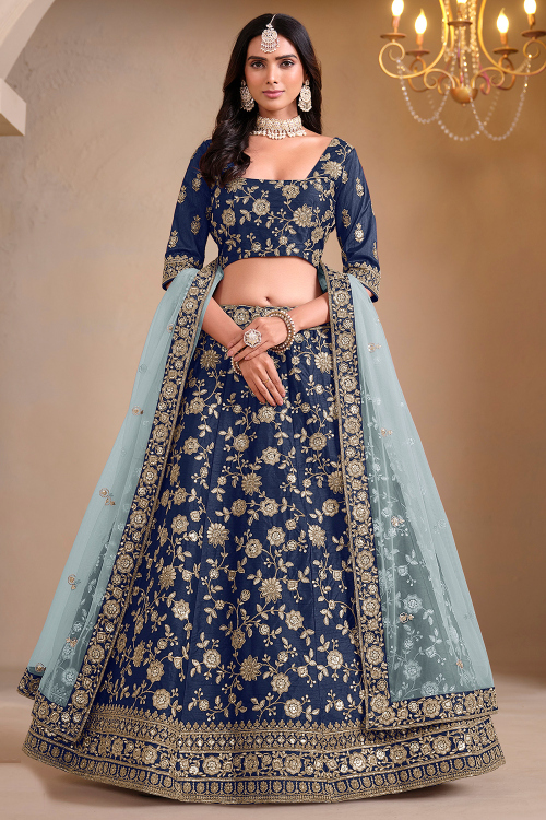 Royal Blue Embroidered Art Silk Panelled Style Lehenga 