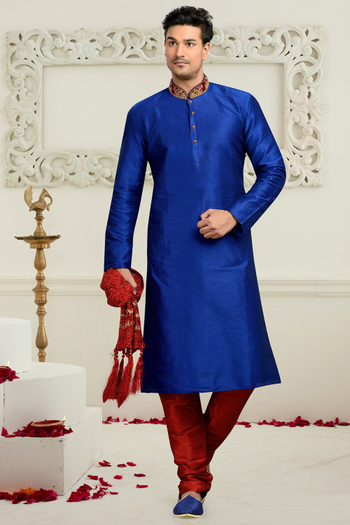 Royal Blue Embroidered Dupion Silk Men's Kurta Churidar
