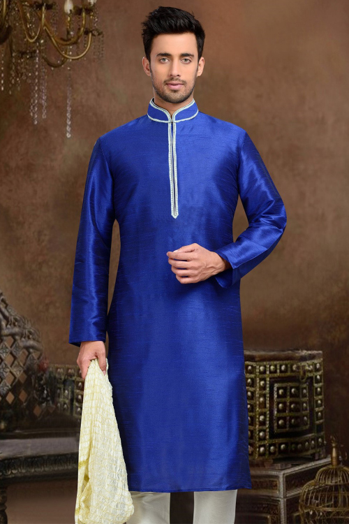 Royal Blue Embroidered Dupion Silk Straight Cut Men's Kurta