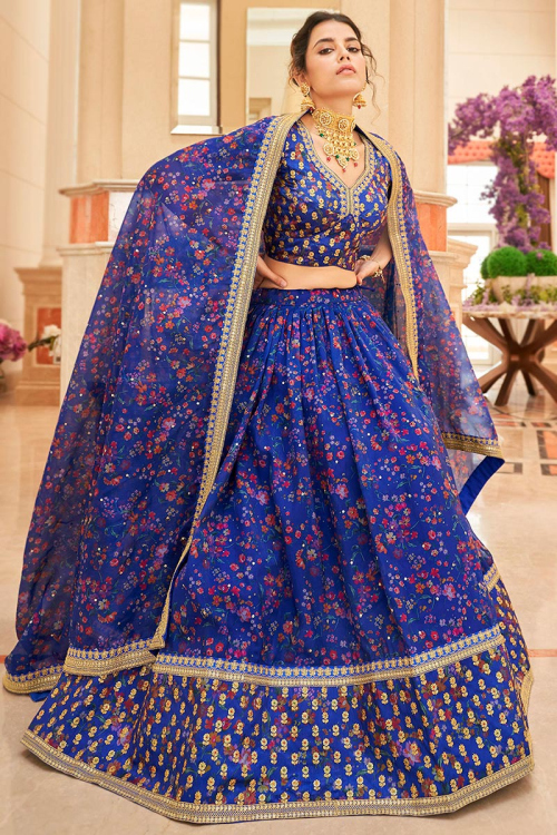 Royal Blue Floral Print Organza Lehenga Choli With Embroidered 