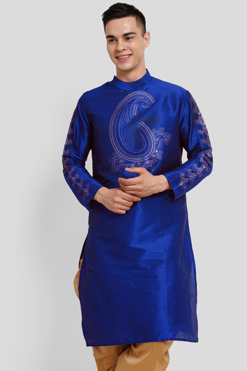 Royal Blue Foil Print Dupion Silk Men's Kurta For Sangeet 