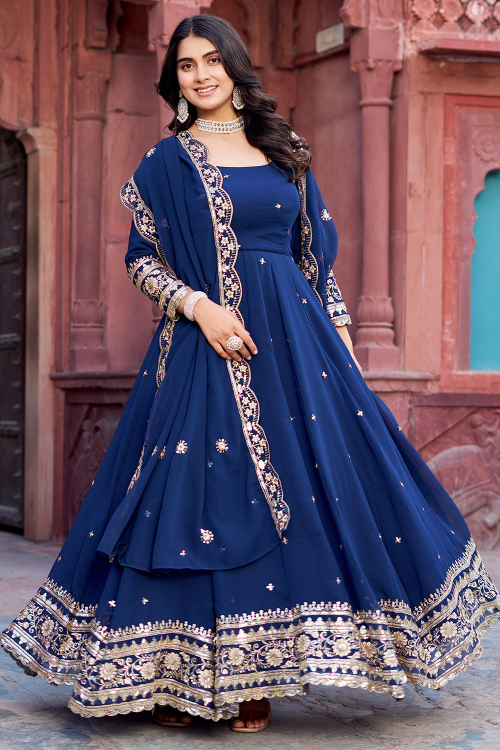 Royal Blue Georgette A Line Trouser Suit With Zari Work For Festival