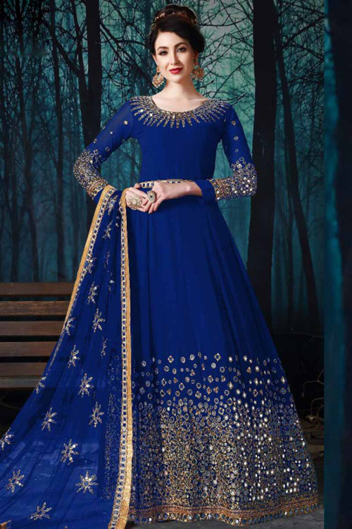 Royal Blue Georgette Anarkali Suit With Mirror Work