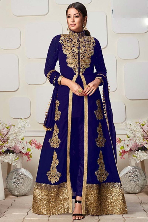 Royal Blue Georgette Anarkali with Straight Pant Suit