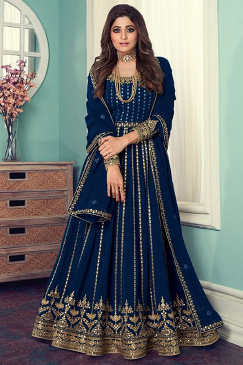 Sangeet Thread Embroidered Royal Blue Anarkali Suit in Georgette
