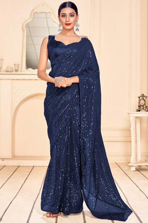 Georgette Royal Blue Wedding Wear Saree with Sequins embroidery