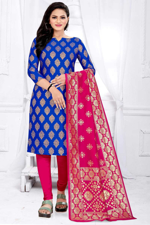 Royal Blue Jacquard Festive Wear Churidar Suit
