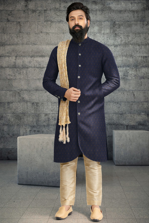 Royal Blue Jacquard Men&#039;s Sherwani With Weaved Work For Wedding