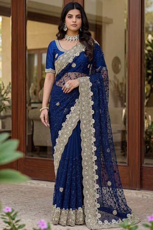 royal blue and gold traditional wedding dresses Gold Blue Muslim Wedding Dress Long Sleeve Ball Gown 67026 high neck –  Viniodress main image 0