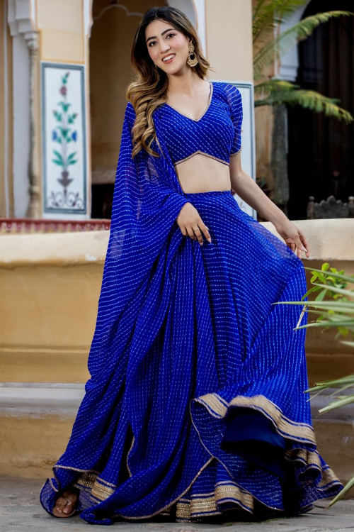 Royal Blue Printed Georgette Flared Style Lehenga 