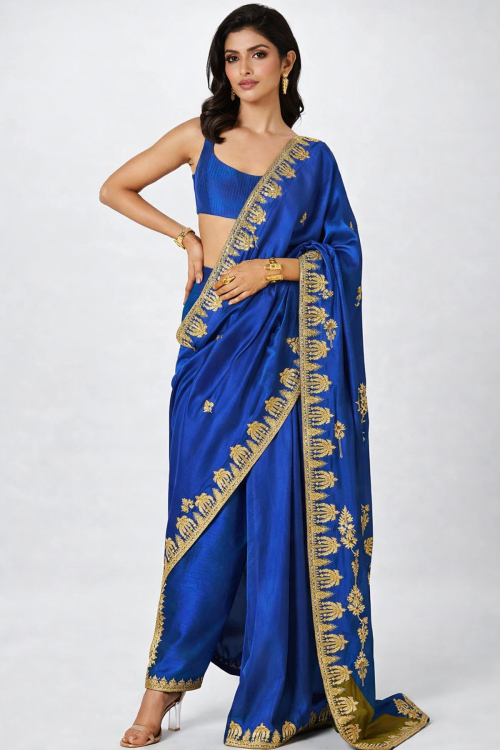 Royal Blue Raw Silk Indo-Western Saree with Zari Work for Diwali Parties