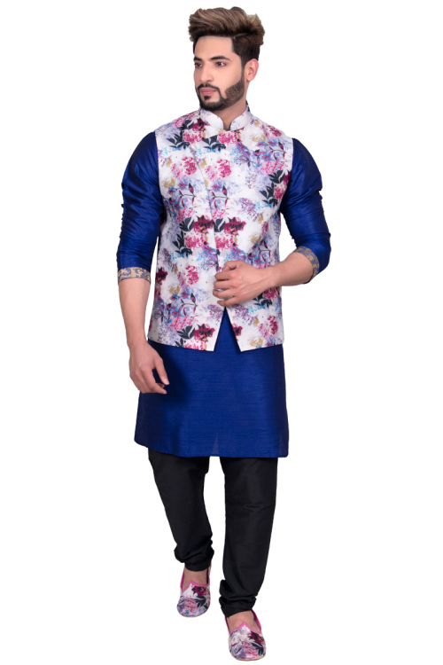 Royal Blue Raw Silk Kurta Pajama With Printed Waist Coat
