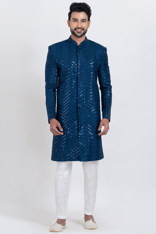 Royal Blue Rayon Embroidered Straight Cut Ready to Wear Men’s Sherwani