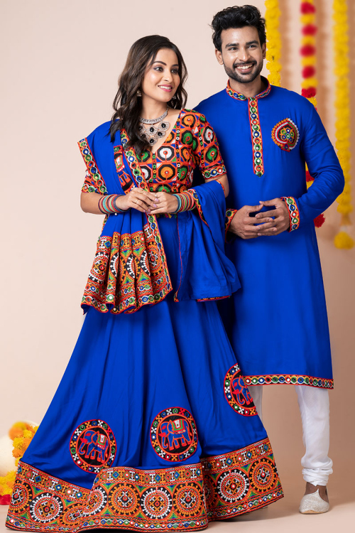 Royal Blue Rayon Patch Embroidered Couple's Outfit 