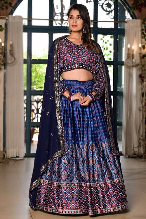 Royal Blue Satin Printed Ready Made Flared Style Lehenga