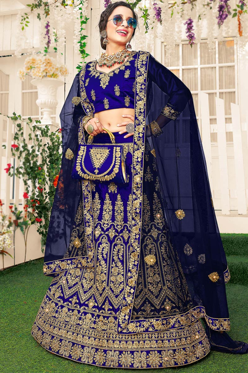 A Line Lehenga in Satin Royal Blue for Party
