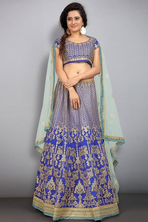 Royal Blue Silk Embroidered Panelled Lehenga