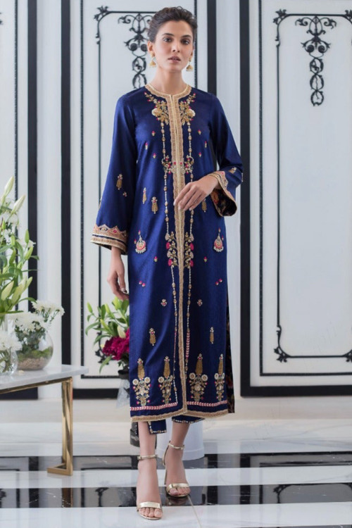 Royal Blue Silk Embroidered Trouser Suit
