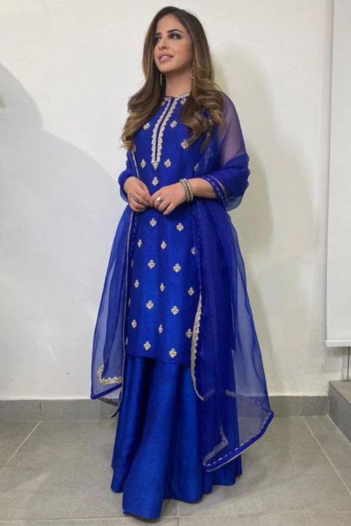 Royal Blue Silk Embroidered Wedding Sharara Suit